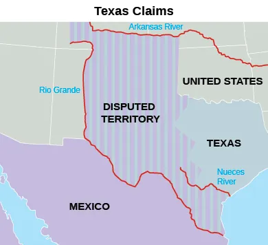 A map titled “Texas Claims” indicates the borders of Mexico, Texas, the United States, and “Disputed Territory,” as well as the Rio Grande, the Arkansas River, and the Nueces River.