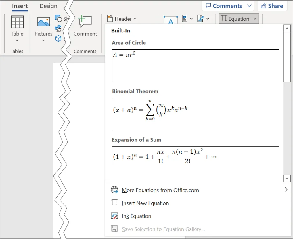 Equation is selected in Symbols. Options visible in Built-In: Area of Circle, Binomial Theorem, Expansion of a Sum, More Equations from Office.com, Insert New Equation, Ink Equation, Save Selection for Equation Gallery.