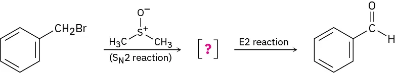 A two-step reaction shows benzene bonded to a C H 2 B r group being converted to benzene bonded to an aldehyde group.