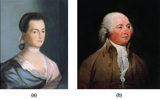 A portrait of Abigail Adams is shown in image (a). Her hair is tied back in a simple style and she wears a silk gown and a pearl choker. Her husband, John Adams, is shown in image (b). He has powdered hair and wears a brown, high-collared coat and a cravat.