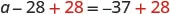 Mathematical equation: 'a - 28 + 28 = -37 + 28', showing 28 added to both sides to solve for 'a', with the added numbers in red.