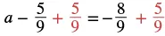 The image shows a mathematical equation: a - 5/9 + 5/9 = -8/9 + 5/9. The fractions 5/9 on both sides of the equation are highlighted in red.