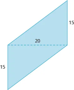 A geometric shape is shown. It is formed by two triangles. The shared base of the two triangles is labeled 20. The height of each triangle is labeled 15.