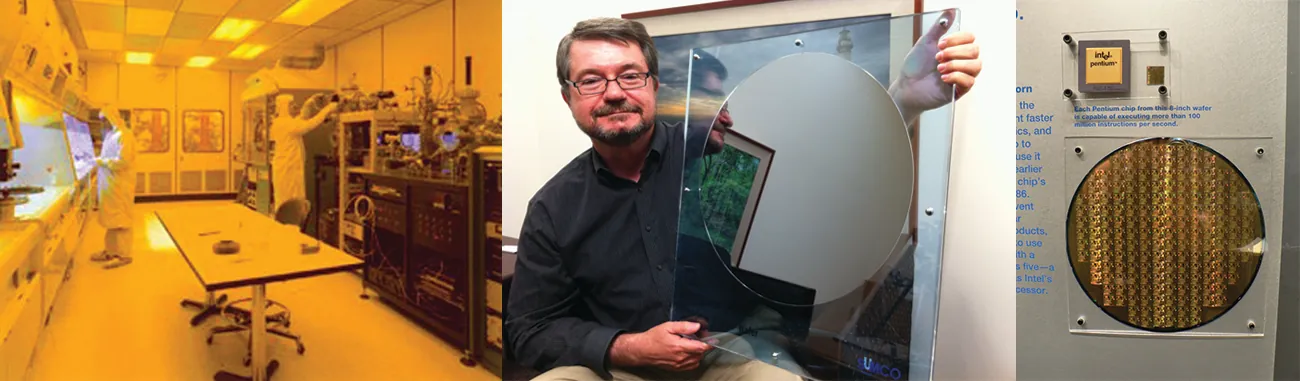 Three photos are shown. The first shows a scientific lab full of equipment in which two people in protective suits are working. The second image shows a man holding a round, reflective disc held inside of a protective, clear container. The third image shows a round disc covered in metallic chips which is behind a protective covering.