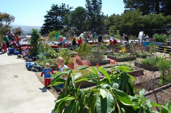 Children and grownups sit and work in an area containing many raised planters in which different plants and flowers grow.