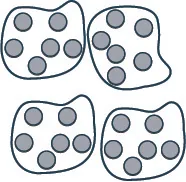 Four irregular shapes, each containing seven gray circles, arranged in a grid pattern.