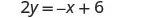 A mathematical equation is displayed on a white background, reading '2y = -x + 6' in black text.