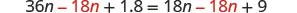A mathematical equation displayed on a white background: 36n - 18n + 1.8 = 18n - 18n + 9, with the '18n' terms highlighted in red.