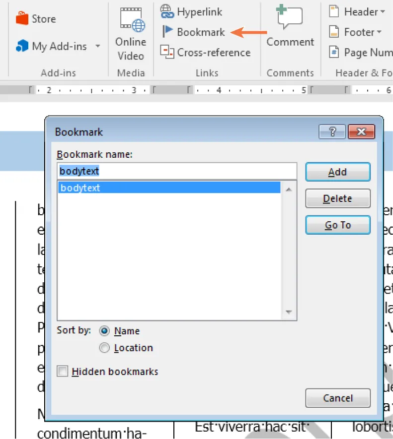 A Bookmark button is selected and opens to Bookmark pane with options for Bookmark name, Sort by Name and Location, box for Hidden Bookmarks selection, and Add, Delete, and Go to buttons.