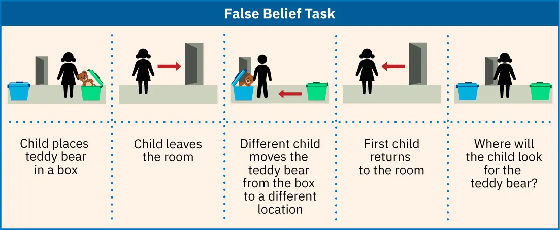 Child 1 places a bear into a box and leaves the room. Child 2 moves the bear to a different location. Child 2 will expect Child 1 to look for the bear in its earlier location.