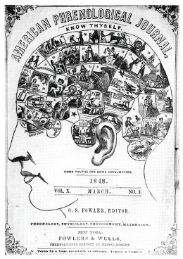 The March 1848 cover of the American Phrenological Journal depicts a human head; the brain region contains a series of vignettes showing the various faculties of the mind.