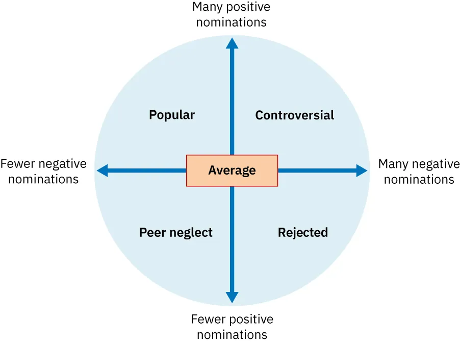 Table: Fewer negative nominations/Fewer positive nominations – Peer neglect; Fewer negative nominations/Many positive nominations – Popular; Many negative nominations/Fewer negative nominations – Peer rejection; Many negative nominations/Many positive nominations – Controversial. Average in middle of chart.