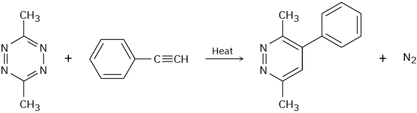 A 6-membered ring made of two carbons and four nitrogens (at positions 1, 2, 4, and 5) with alternate double bonds, and with methyl groups at positions 3 and 6 reacts with benzene bonded to ethyne.