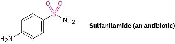 Sulfanilamide has benzene ring. C 1 is bonded to sulfur, which is double bonded to two oxygens and single bonded to amino. C 4 is bonded to an amino group.