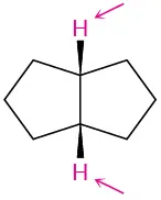 Chemical structure of cis-bicyclo[3.3.0]octane. Two arrows point toward the highlighted hydrogens on fusion carbons.