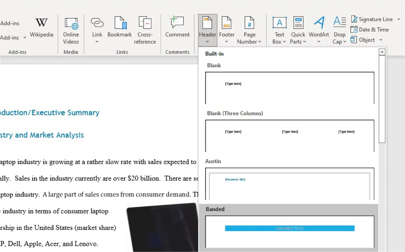 A Header button is selected and a Built-in drop-down lists options to select for locations and types of headers (Blank, Blank (Three Columns), Austin, Banded, etc.).