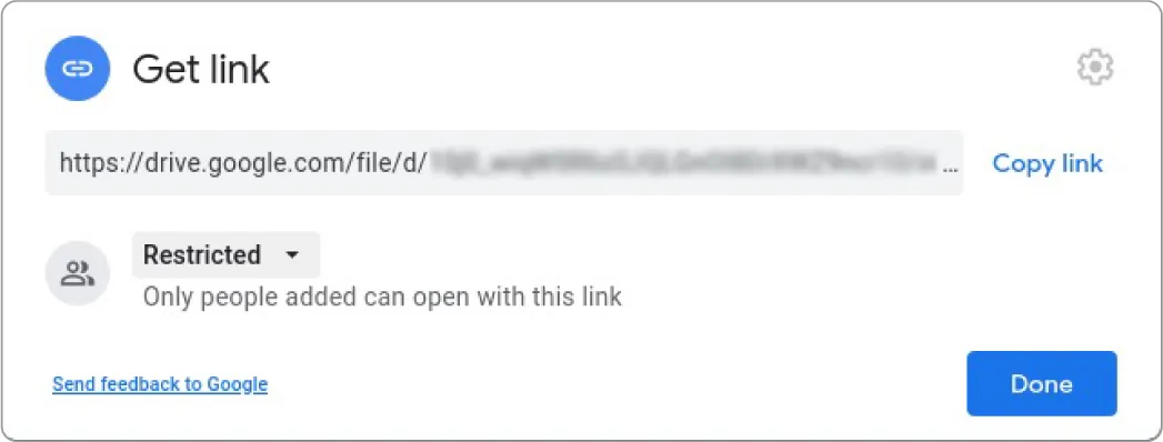 In the Get link pane, Restricted is selected and indicates that Only people added can open with this link.