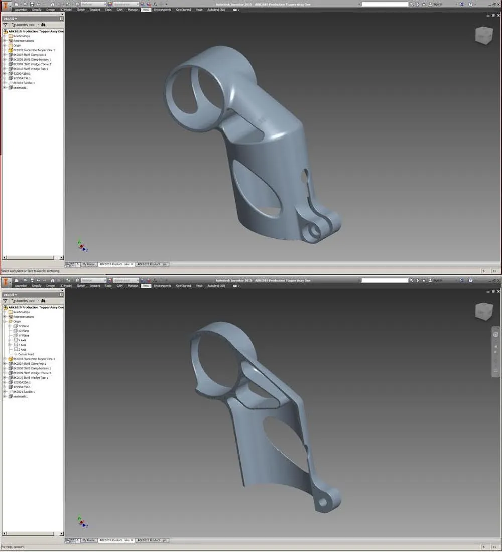Two CAD renderings of a detailed part consisting of a cylinder with an attachment point and several openings, and another cylinder at a right angle at the top. The lower image is of the same object with half of the material removed to show the inside. 