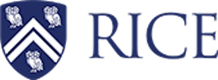 Rice University's blue shield with three white owls and chevrons next to the word "RICE" in bold blue letters, symbolizing academic tradition and prestige.