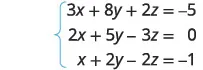 A system of three linear equations in three variables x, y, and z, enclosed by a curly brace. The equations are 3x + 8y + 2z = -5, 2x + 5y - 3z = 0, and x + 2y - 2z = -1.