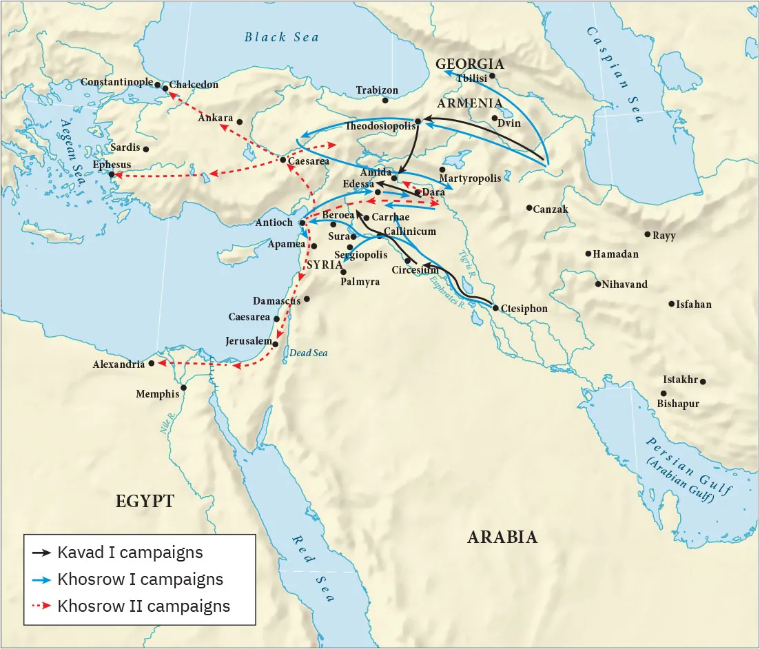A map is shown of the northeastern tip of Egypt, Arabia, and the land north up to the Black Sea, the Caspian Sea at the east and the Aegean Sea to the west. The Persian Gulf (Arabian Gulf) is seen in the southeast portion of the map and the Red Sea is seen in the southwest. Black arrows are seen throughout the map indicating “Kavad I campaigns.” A black arrow begins southeast of the city of Dvin in Armenia and heads west to Theodosiopolis then south to Amida. Southeast of Amida a black arrow begins at Dara and heads west to Edessa. In the southern portion at the city of Ctesiphon along the Tigris River a black arrow begins and travels north along the Euphrates River to Circesium and then through the city of Callinicum and north past Carrhae. Blue arrows are seen on the map indicating “Khosrow I campaigns.” Two blue arrows begin in the same area southeast of Dvin. One blue arrow heads northwest past Tbilisi in Georgia and the other heads toward Theodosiopolis and west almost reaching the city of Caesarea, and then swings back east past Amida and then heads south of Martyropolois. A blue arrow heads from south of Dara west to an area south of Edessa while a blue arrow starts in Antioch and heads east to Edessa and then on to Dara. The final blue arrow begins in Ctesiphon and heads north along the Euphrates River past Circesium and then splits, one going north almost to Edessa. The other blue arrow heads through Callinicum and then splits, one going south past Sergiopolis in Syria and the other heading west past Sura and Beroea and on to Antioch, then south to Apamea. Red dashed arrows are shown indicating “Khosrow II campaigns.” Three red dashed arrows all begin in Antioch. One heads north to Caesarea where it splits – one heading east, one heading north past Ankara and on to Chalcedon, and one heading west to Ephesus on the Aegean Sea. Another red dashed arrow leaves Antioch and heads east toward Dara and then a bit northwest to Amida, and then is also shown heading back from Dara to Antioch. The last red dashed arrow heads south from Antioch past Apamea, Damascus, Caesarea (different from the one in the north), Jerusalem and then heads west to Alexandria.
