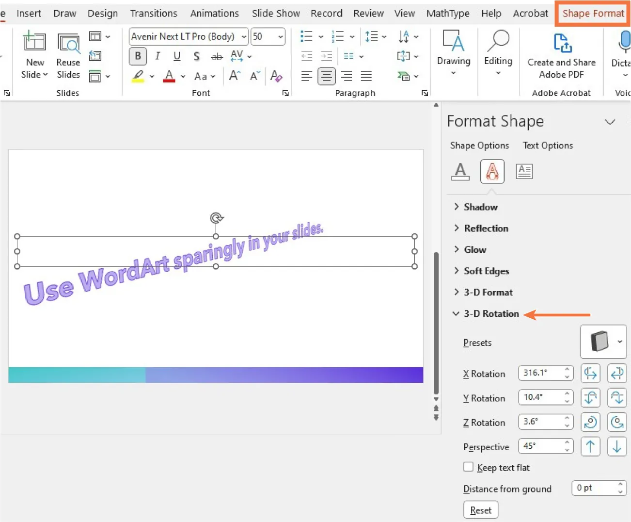 A Format Shape pane is open with 3-D Rotation highlighted and various presets and rotations available. In the slide, the text is shown at an upward angle, from left to right.