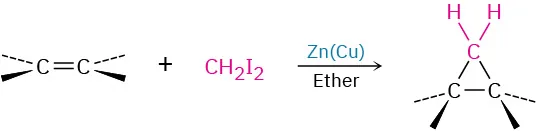 A reaction shows an alkene reacting with diiodomethane in the presence of zinc-copper and ether to form cyclopropane.