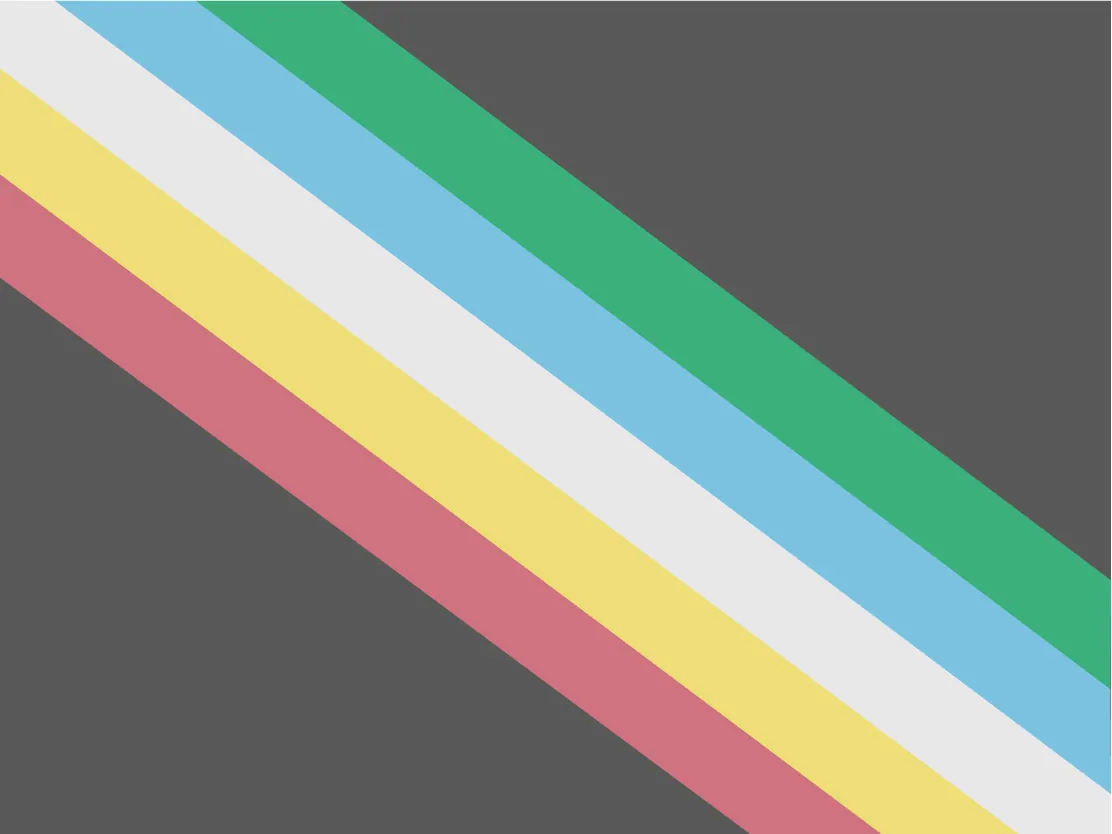 A charcoal grey flag bisected diagonally from the top left corner to the lower right right corner by five parallel stripes in red, pale gold, pale grey, light blue, and green.
