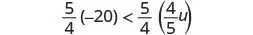 A mathematical inequality shows five-fourths times negative twenty is less than five-fourths times the product of four-fifths and u.