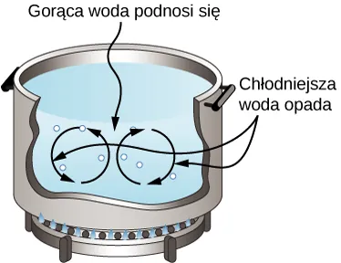 Rysunek pokazujący podgrzewanie wody w garnku. Woda gorąca płynie ku górze, a zimna opada, w rezultacie dochodzi do cyrkulacji wody w garnku. 