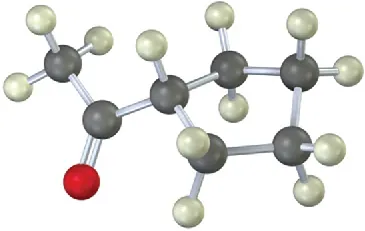 A ball-stick model of a compound comprising a seven-carbon chain with C 2 being a carbonyl group. Black, gray, and red spheres represent carbon, hydrogen, and oxygen, respectively.