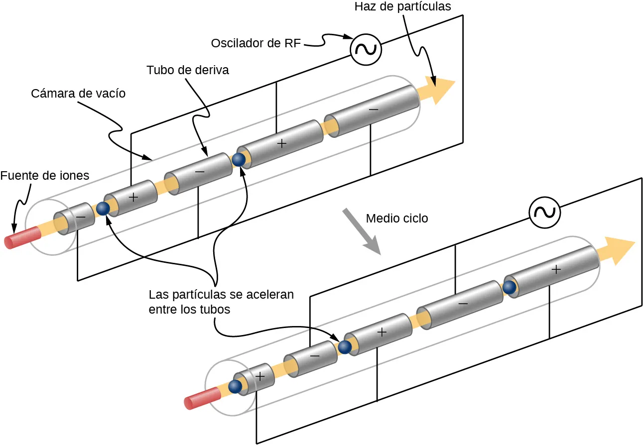 Hay dos figuras que muestran cuatro tubos en una fila, marcados como tubos de derivación. El tubo de la izquierda es el más corto. Los tubos se alargan progresivamente a medida que se avanza hacia la derecha. Los tubos alternos se conectan a los terminales opuestos de una fuente de corriente alterna (CA). Una flecha marcada como haz atraviesa los tubos de izquierda a derecha. La base de la flecha, a la izquierda, está marcada como fuente de iones. Las partículas se muestran moviéndose a lo largo de la flecha. En la primera figura, el segundo y el cuarto tubo tienen un signo positivo y los otros dos tienen un signo negativo. En la segunda figura, esta polaridad se invierte.