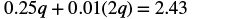 A mathematical equation shows 0.25q + 0.01(2q) = 2.43, demonstrating an algebraic problem with decimal coefficients and a variable 'q'.