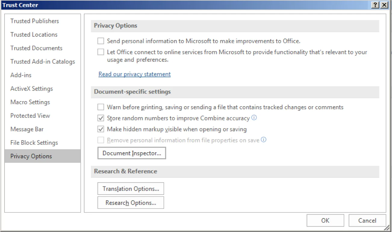 Privacy Options is selected in Trust Center. The pane at the right lists selectable options for Privacy Options, Document-specific settings, and Research & Reference.