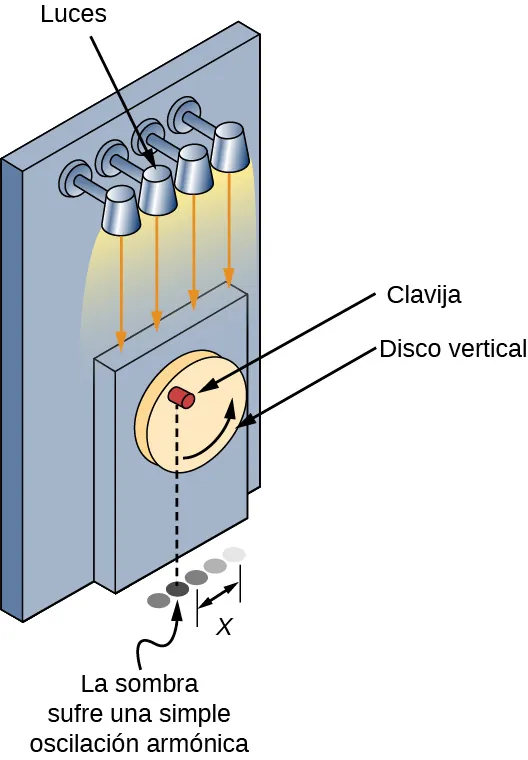 Una ilustración del método analizado en el texto para proyectar una sombra oscilante. Una clavija sobresale de un disco giratorio vertical que está montado verticalmente en una pared. Un juego de luces brilla hacia abajo e ilumina la clavija desde arriba. A continuación se muestra la sombra de la clavija vista en varios momentos de la oscilación, lo que forma una serie de puntos a lo largo de una línea paralela a la pared. La distancia desde el centro de la línea hasta el lugar de la sombra es x.
