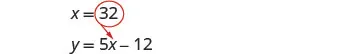 Shows how to substitute x = 32 into the equation y = 5x - 12. The red circle around 32 and the arrow indicate the replacement process to solve for y.