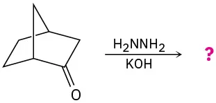Bicyclo[2.2.1]heptane with an oxo group on C 2 reacts with hydrazine and potassium hydroxide to generate an unidentified product, indicated by a question mark.