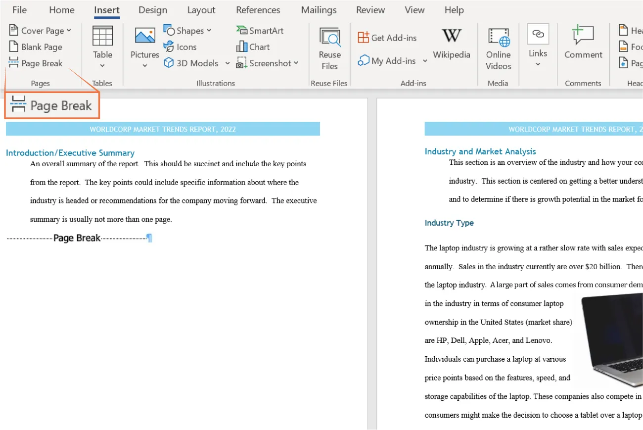 Page Break is selected Pages group. Left page displays document with a -----Page Break----- after text. Second document displays no Page Break after the first paragraph.