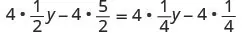 A linear equation involving fractions and the variable 'y' is presented as 4(1/2)y - 4(5/2) = 4(1/4)y - 4(1/4).