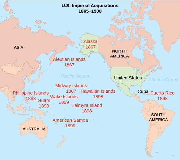 A map shows American imperial acquisitions as of the end of the Spanish-American War in 1898. Labeled on the map are Alaska (1867), the Aleutian Islands (1867), the Philippine Islands (1898), Guam (1898), the Midway Islands (1867), the Wake Islands (1899), American Samoa (1899), Palmyra Island (1898), the Hawaiian Islands (1898), and Puerto Rico (1898).