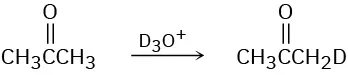 Acetone reacts with trideuteriooxidanium ion to form a product in which one of the hydrogen atoms on acetone has been replaced by a deuterium atom.