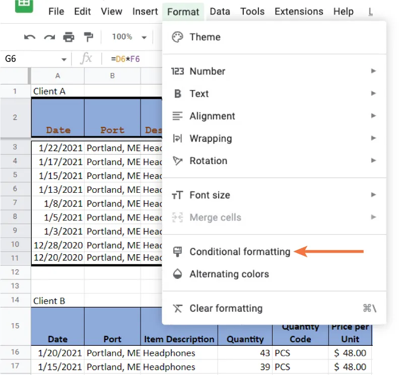 Cell G6 selected. Format tab selected and drop-down lists Theme, Number, Text, Alignment, Wrapping, Rotation, Font Size, Merge cells, Conditional formatting, Alternating colors, and Clear formatting. Arrow points to Conditional formatting.