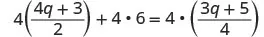 A mathematical equation showing 4 multiplied by the fraction (4q+3)/2, added to the product of 4 and 6, which equals 4 multiplied by the fraction (3q+5)/4.