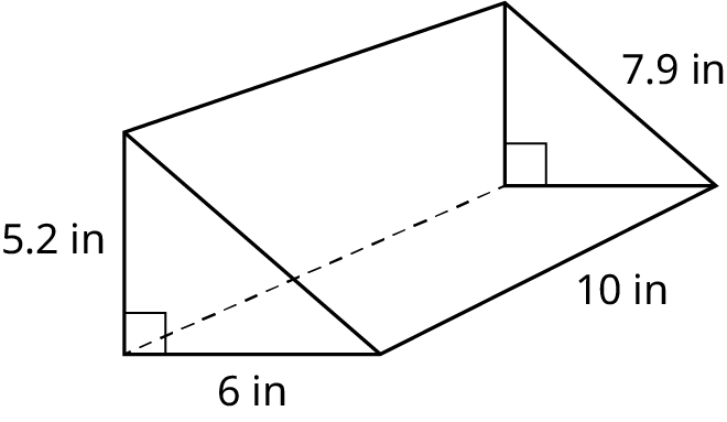 A right triangular prism. The legs of the triangle measure 5.2 inches and 6 inches. The hypotenuse measures 7.9 inches. The length of the prism is 10 inches.