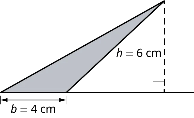 A triangle with its base marked b equals 4 centimeters and height marked h equals 6 centimeters.