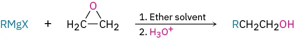 A Grignard reagent (R M g X) reacts with ethylene oxide in ether, then with hydronium ion to produce alcohol. R C H 2 C H 2 O H.