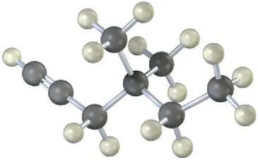A ball and stick model of a C8 alkyne. Carbon and hydrogen are denoted using gray and white spheres, respectively.
