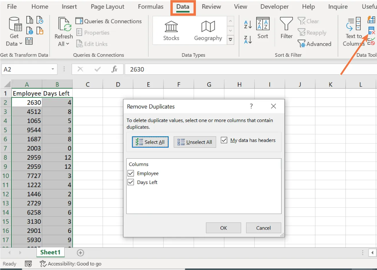 Remove duplicates is selected. Pane displays Employee and Days Left selected in Columns. Column in Spreadsheet lists two columns: Employee and Days Left. Duplicates are visible in rows 8 and 9.