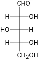 The structure of D-xylose which is a monosaccharide containing five carbon atoms and an aldehyde functional group.