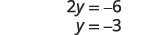A mathematical solution showing '2y = -6' simplified to 'y = -3' by dividing both sides by 2.